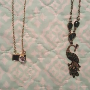 Gold and enamel necklaces camera and peacock